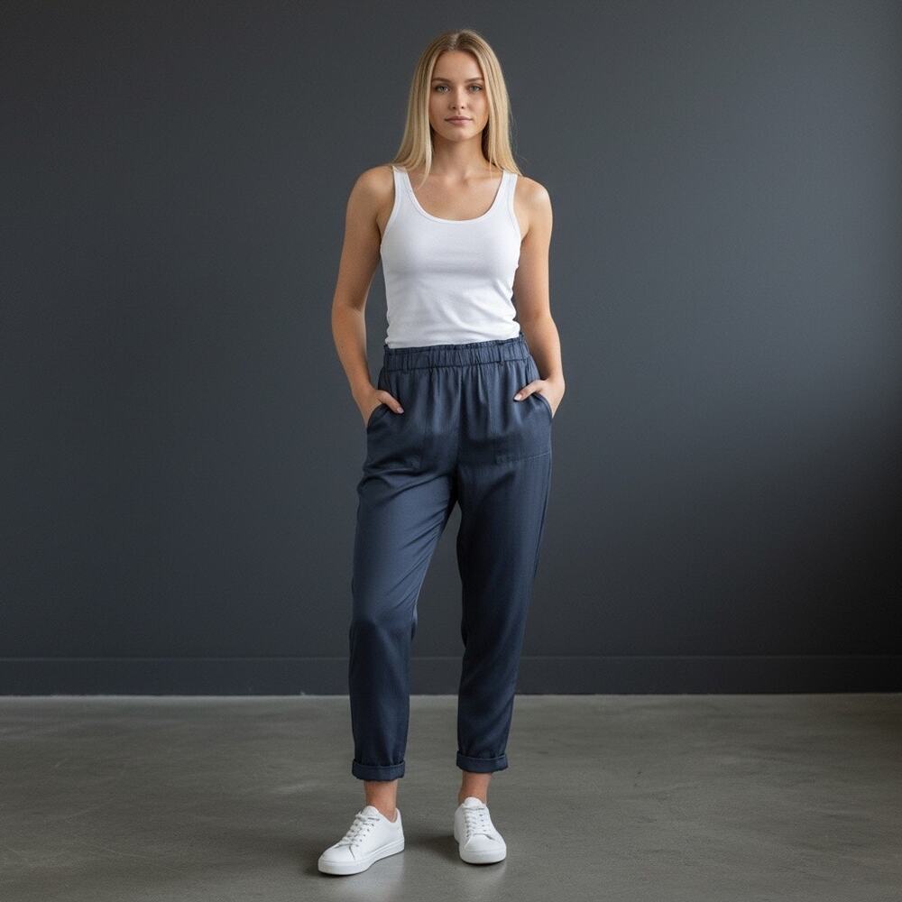 Shinestar NWT paperbag High Waist Jogger sweat Pants Slate Blue Tapered Medium